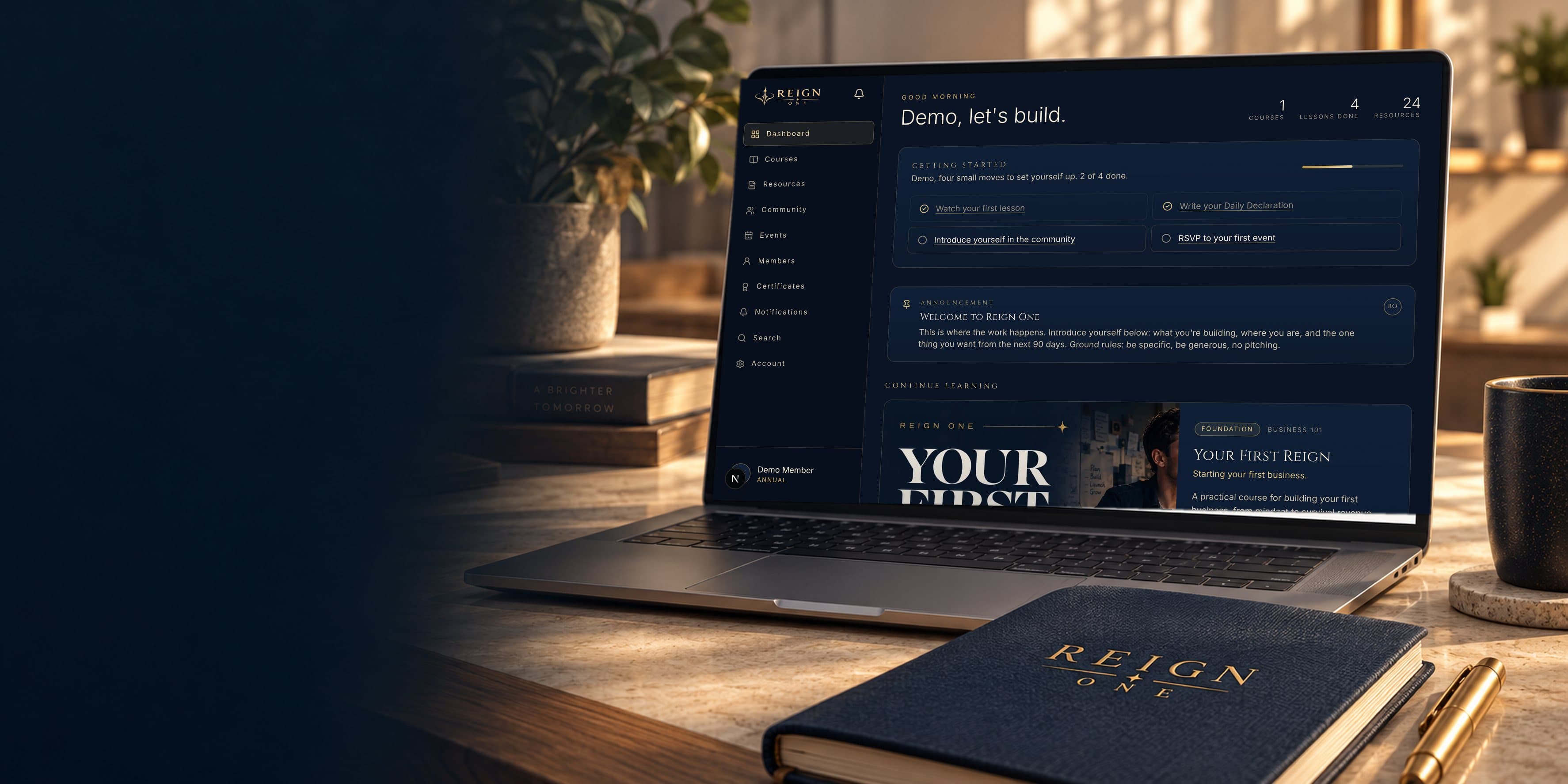 The Reign One platform open on a laptop on a sunlit desk
